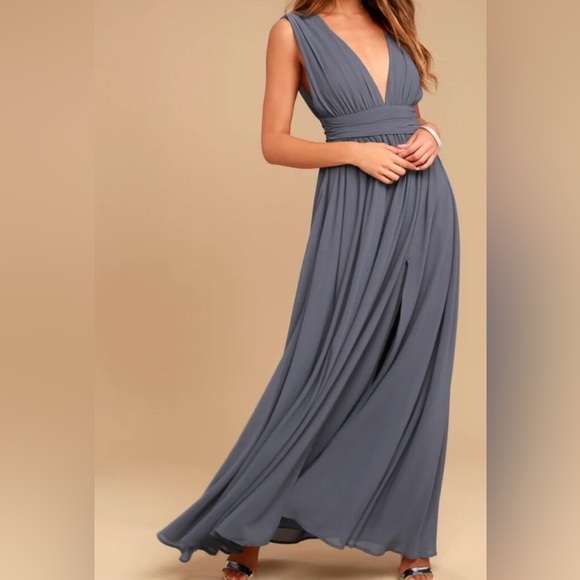 Lulus Maxi Dress Size XXS V-Neck Chiffon Gown Dusty Blue Gray Wedding Bridesmaid - Picture 16 of 16